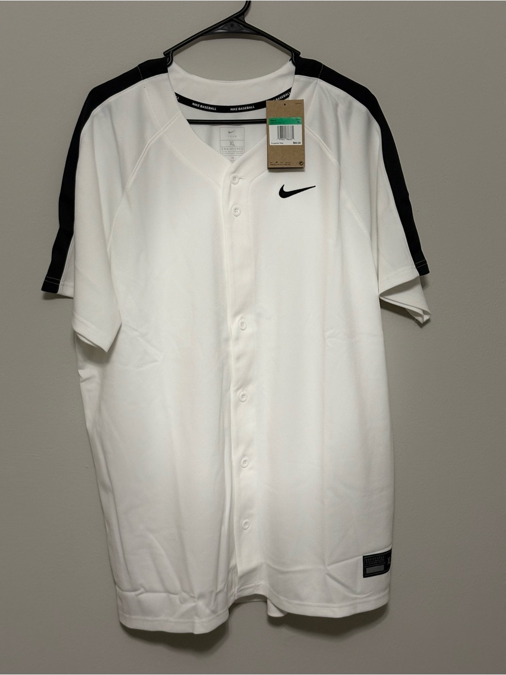 Nike White Short-Sleeve Baseball Jersey with Black Shoulder Stripes